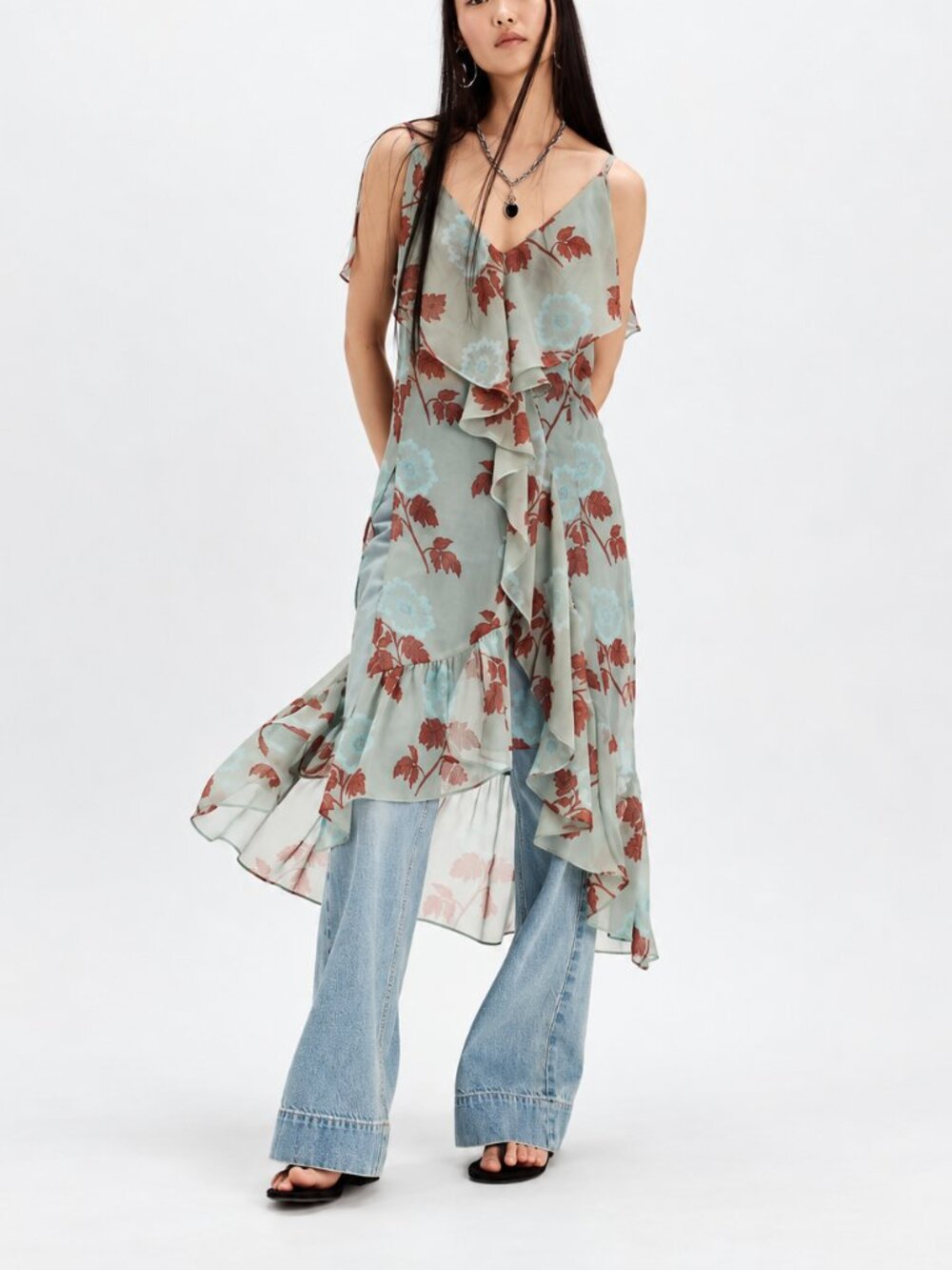 Free People Sunfaded Maxi Top Size S Teal Floral Ruffle Sheer High Low NWOT $148
